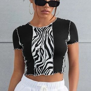 Zebra Print Lettuce Trim Crop top